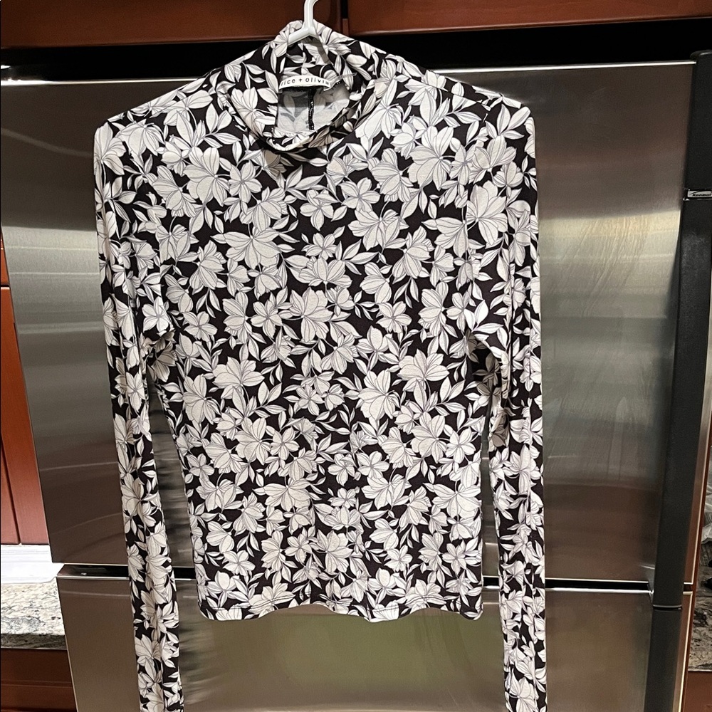 Alice + Olivia Black and White Floral Turtleneck Top